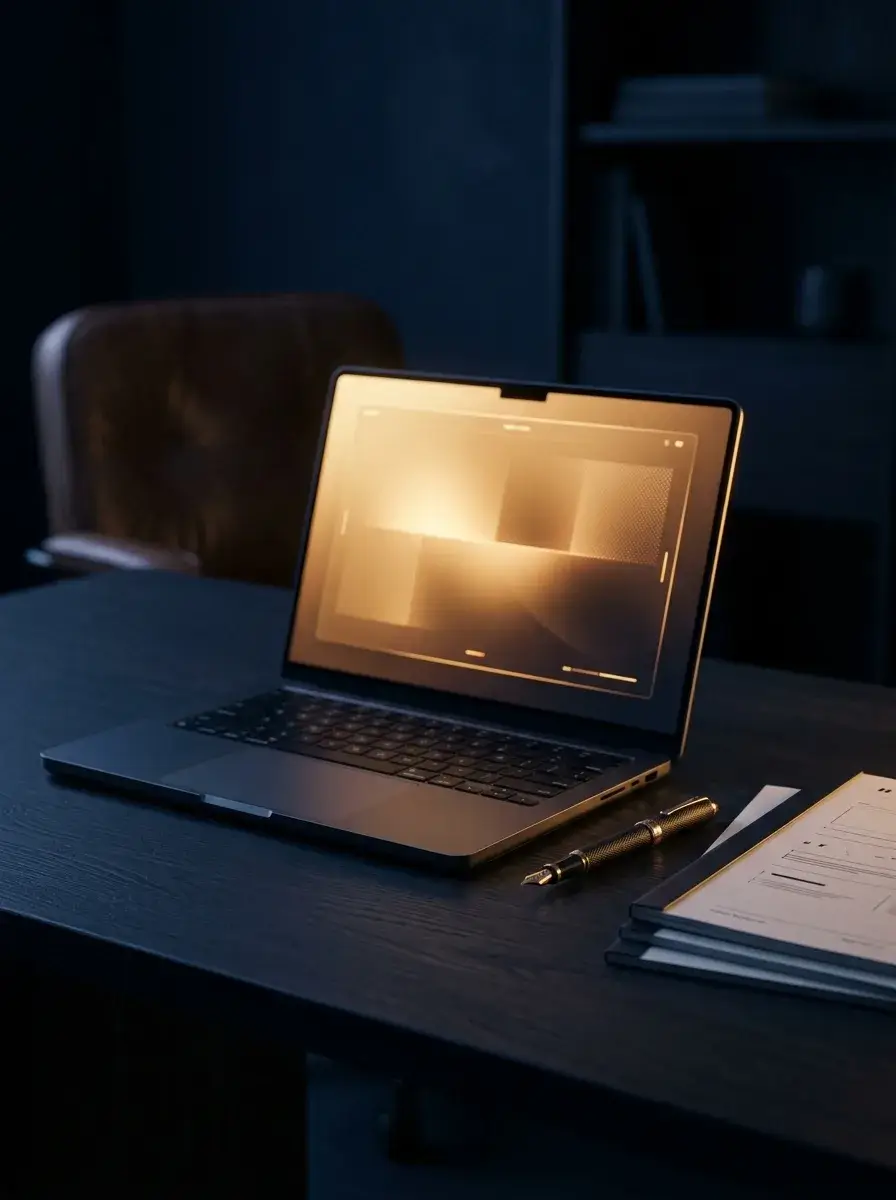 Mesa de trabalho da Ponta Design com notebook em ambiente premium