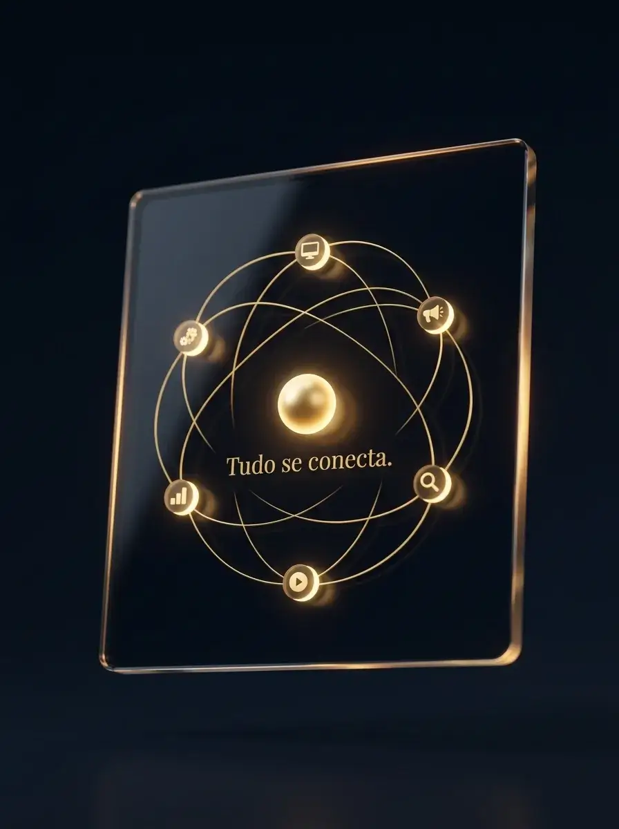 Painel dourado ilustrando serviços conectados a um núcleo