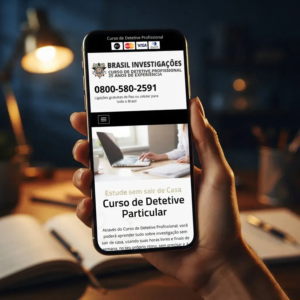 Versão mobile do site de Curso Detetive Online em uso