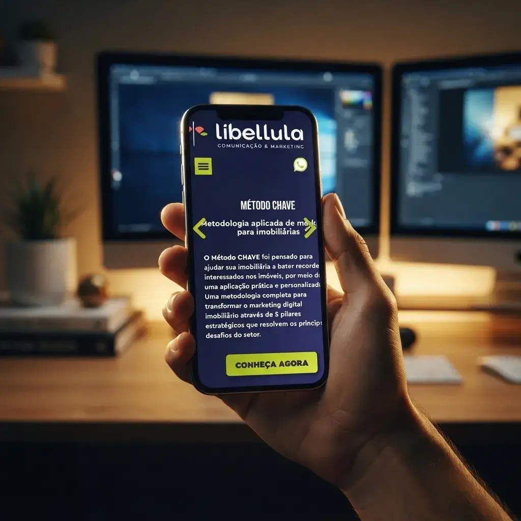 Versão mobile do site de Libellula Marketing em uso